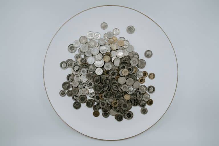 A pile of silver coins are placed on a white plate, which is on a white background.