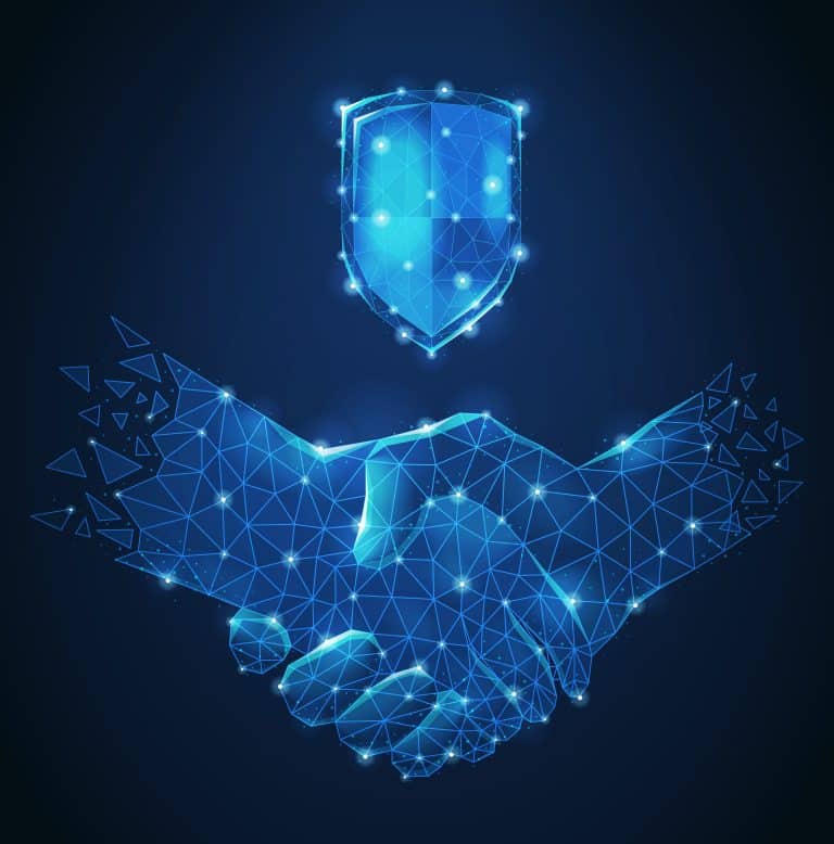 Image shows two hands clasping in a handshake, they are blue with lines and dots that make them look robotic. Above them is a shield representing the data protection officer role in a similar style, blue with lines and dots. They are all set against a dark blue background. Image is from Freepik.