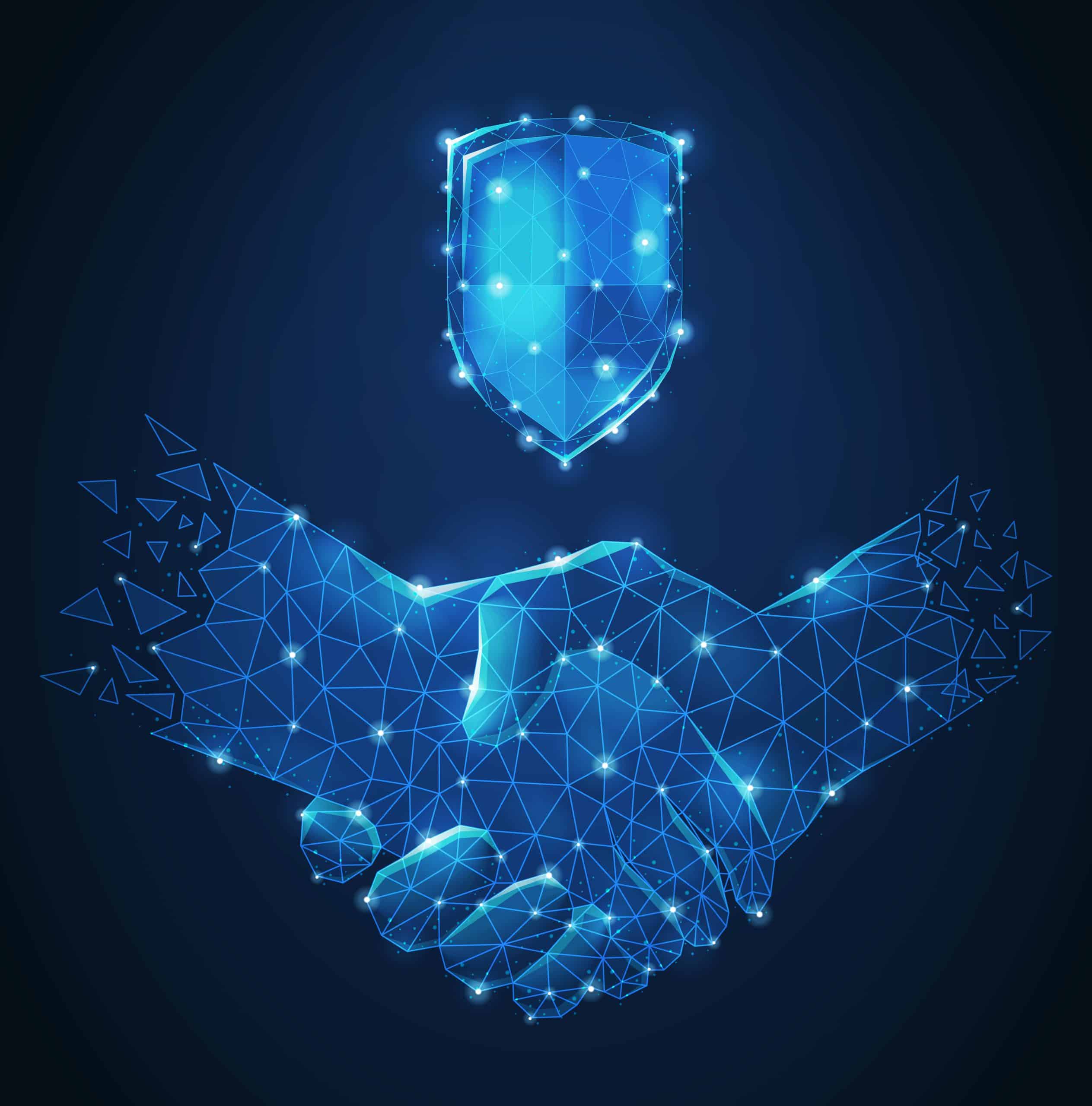 Image shows two hands clasping in a handshake, they are blue with lines and dots that make them look robotic. Above them is a shield representing the data protection officer role in a similar style, blue with lines and dots. They are all set against a dark blue background. Image is from Freepik.