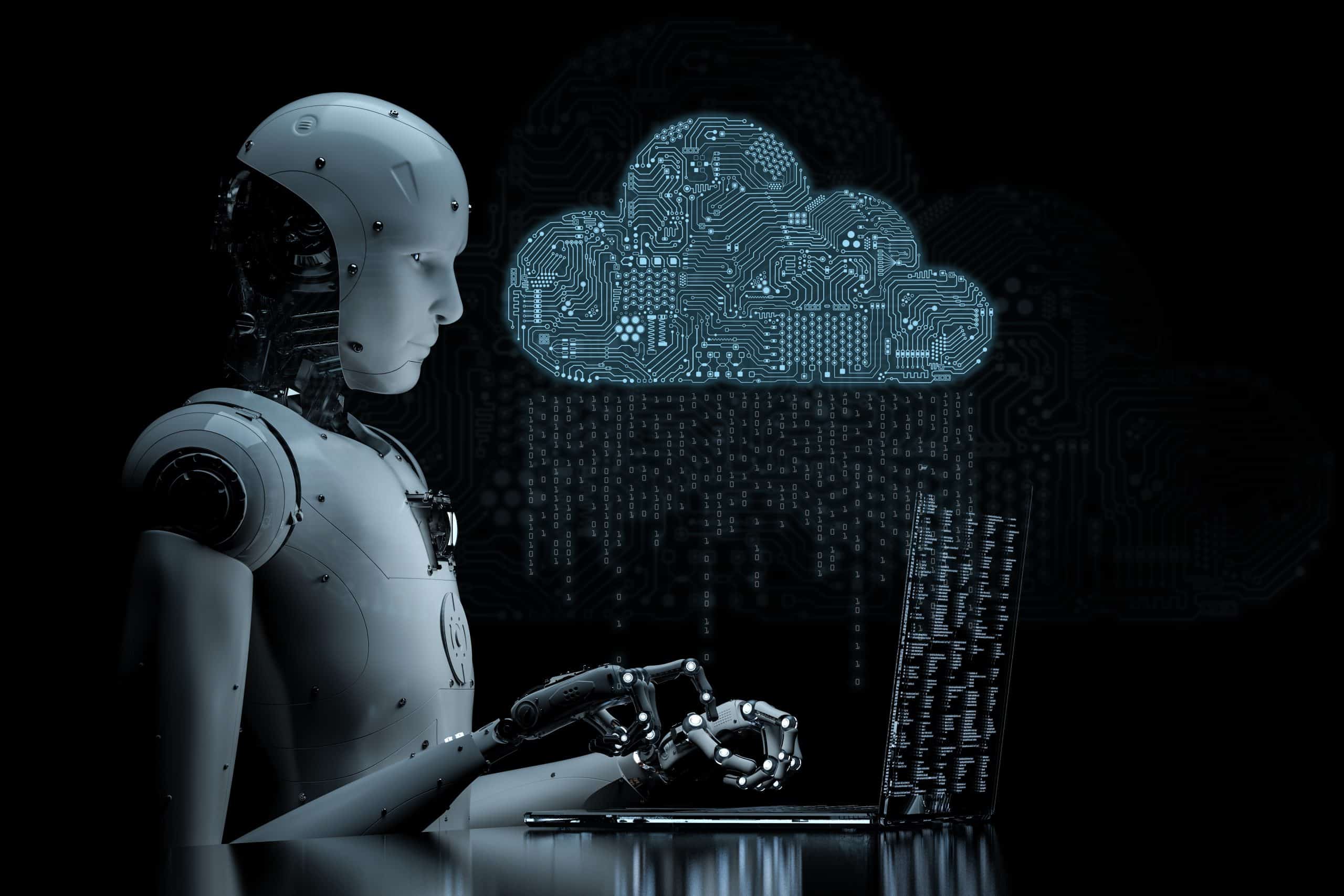 Image has a black background and shows a human-shaped robot typing at a laptop, in a futuristic style. Above the laptop cloud with 'rain' portrayed by data streams leaning down towards the robot's fingers and laptop, representing AI completing subject access requests.