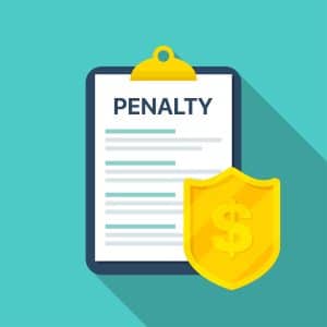 A cartoon clipboard is hovering above a teal coloured background with the word 'PENALTY' across the top. Above this is a yellow shield with a dollar sign in the middle to represent a data protection fine.