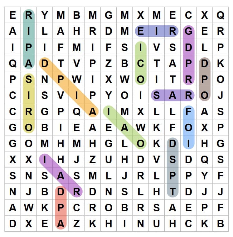 Image shows a wordsearch with colours highlighting the data protection acronyms found across the table.