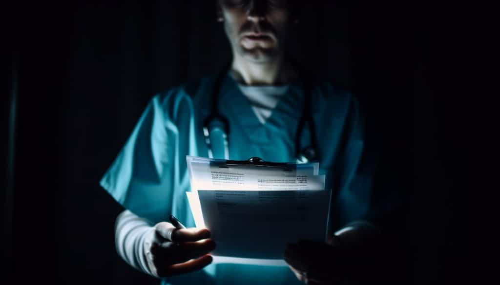 A man in scrubs and a white long sleeved t-shirt holds a clipboard and reads medical records, which is spotlighted against a dark background.