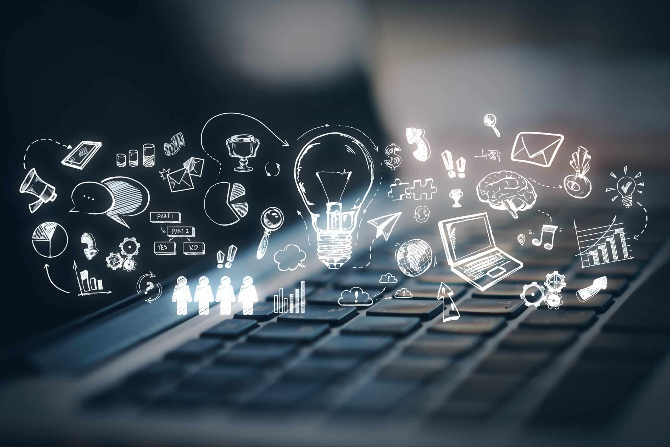The DUAA will change marketing for charities. The image, to represent this, shows a keyboard with an overlay of sketches in white of icons, such as a lightbulb, a keyboard, a note pad, people holding hands and various small icons,