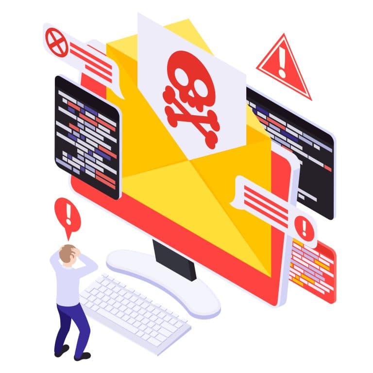 The image shows a cartoon man in a white shirt and blue pants staring at a cartoon, oversized computer screen. The screen is showing red warning signs and 'danger' signs, with a red skull and crossbones coming out of an envelope, red crosses and warning signs above scribbled text pages, and pop up boxes with scribbled text warnings, all written in red. This is to demonstrate a data breach.