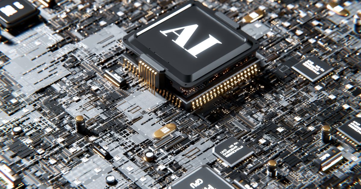 A button in the middle of a computer board states AI for artificial intelligence
